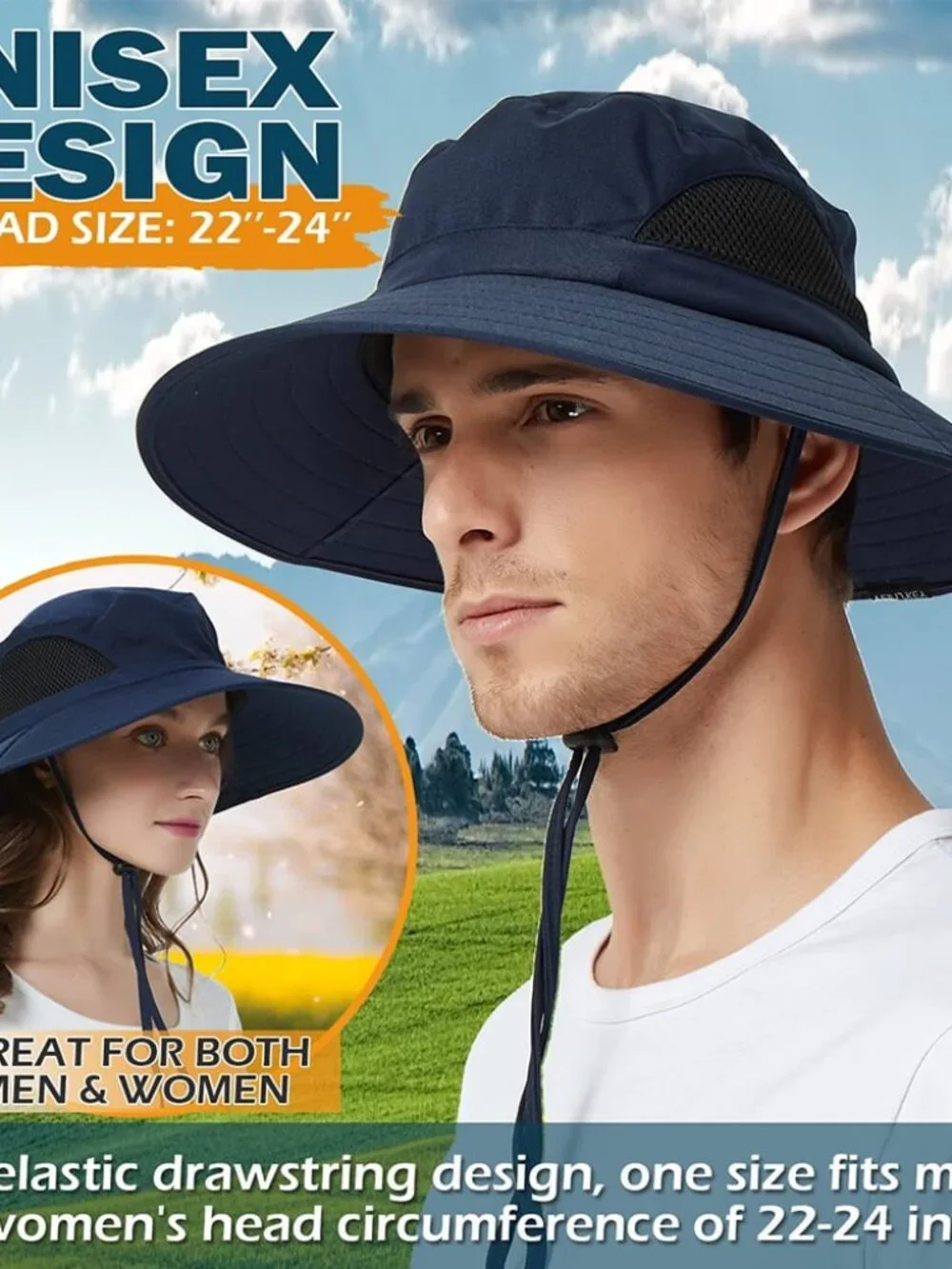 Navy Blue Summer Sun Hat Wide Brim Waterproof Hiking Fishing Boonie Hat